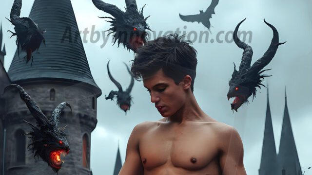 AI male art photos with a fantastical atmosphere. Imagine a Hogwarts School of Witchcraft student, from the Harry Potter series, a handsome, beautiful, and attractive, shirtless young teenage boy, standing firm against a threat. With a detailed Hogwarts castle background, casting a powerful spell, conjuring creatures based on their assigned house crest. From Demonic snakes, powerful lions, fierce badgers, or a murder of Crows. Dementors floating ominously in a cloudy sky, and sparks, shadows, and cinematic lighting, offering an otherworldly vibe.