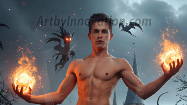 AI male art photos with a fantastical atmosphere. Imagine a Hogwarts School of Witchcraft student, from the Harry Potter series, a handsome, beautiful, and attractive, shirtless young teenage boy, standing firm against a threat. With a detailed Hogwarts castle background, casting a powerful spell, conjuring creatures based on their assigned house crest. From Demonic snakes, powerful lions, fierce badgers, or a murder of Crows. Dementors floating ominously in a cloudy sky, and sparks, shadows, and cinematic lighting, offering an otherworldly vibe.