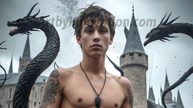 AI male art photos with a fantastical atmosphere. Imagine a Hogwarts School of Witchcraft student, from the Harry Potter series, a handsome, beautiful, and attractive, shirtless young teenage boy, standing firm against a threat. With a detailed Hogwarts castle background, casting a powerful spell, conjuring creatures based on their assigned house crest. From Demonic snakes, powerful lions, fierce badgers, or a murder of Crows. Dementors floating ominously in a cloudy sky, and sparks, shadows, and cinematic lighting, offering an otherworldly vibe.