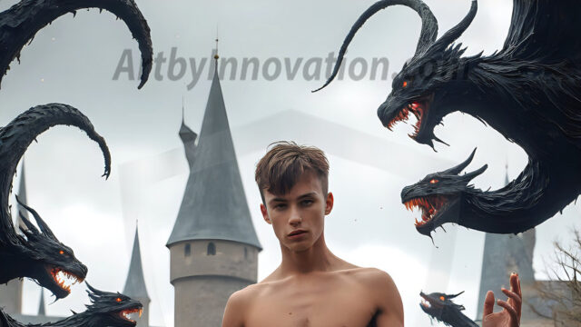 AI male art photos with a fantastical atmosphere. Imagine a Hogwarts School of Witchcraft student, from the Harry Potter series, a handsome, beautiful, and attractive, shirtless young teenage boy, standing firm against a threat. With a detailed Hogwarts castle background, casting a powerful spell, conjuring creatures based on their assigned house crest. From Demonic snakes, powerful lions, fierce badgers, or a murder of Crows. Dementors floating ominously in a cloudy sky, and sparks, shadows, and cinematic lighting, offering an otherworldly vibe.