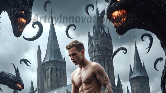 AI male art photos with a fantastical atmosphere. Imagine a Hogwarts School of Witchcraft student, from the Harry Potter series, a handsome, beautiful, and attractive, shirtless young teenage boy, standing firm against a threat. With a detailed Hogwarts castle background, casting a powerful spell, conjuring creatures based on their assigned house crest. From Demonic snakes, powerful lions, fierce badgers, or a murder of Crows. Dementors floating ominously in a cloudy sky, and sparks, shadows, and cinematic lighting, offering an otherworldly vibe.