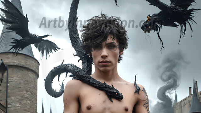 AI male art photos with a fantastical atmosphere. Imagine a Hogwarts School of Witchcraft student, from the Harry Potter series, a handsome, beautiful, and attractive, shirtless young teenage boy, standing firm against a threat. With a detailed Hogwarts castle background, casting a powerful spell, conjuring creatures based on their assigned house crest. From Demonic snakes, powerful lions, fierce badgers, or a murder of Crows. Dementors floating ominously in a cloudy sky, and sparks, shadows, and cinematic lighting, offering an otherworldly vibe.