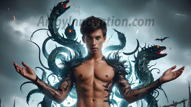 AI male art photos with a fantastical atmosphere. Imagine a Hogwarts School of Witchcraft student, from the Harry Potter series, a handsome, beautiful, and attractive, shirtless young teenage boy, standing firm against a threat. With a detailed Hogwarts castle background, casting a powerful spell, conjuring creatures based on their assigned house crest. From Demonic snakes, powerful lions, fierce badgers, or a murder of Crows. Dementors floating ominously in a cloudy sky, and sparks, shadows, and cinematic lighting, offering an otherworldly vibe.