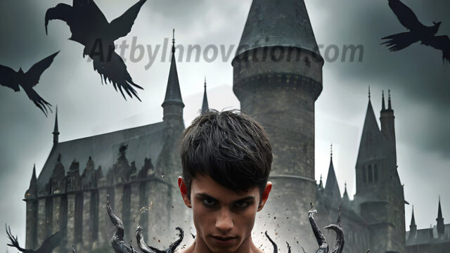 AI male art photos with a fantastical atmosphere. Imagine a Hogwarts School of Witchcraft student, from the Harry Potter series, a handsome, beautiful, and attractive, shirtless young teenage boy, standing firm against a threat. With a detailed Hogwarts castle background, casting a powerful spell, conjuring creatures based on their assigned house crest. From Demonic snakes, powerful lions, fierce badgers, or a murder of Crows. Dementors floating ominously in a cloudy sky, and sparks, shadows, and cinematic lighting, offering an otherworldly vibe.