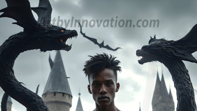 AI male art photos with a fantastical atmosphere. Imagine a Hogwarts School of Witchcraft student, from the Harry Potter series, a handsome, beautiful, and attractive, shirtless young teenage boy, standing firm against a threat. With a detailed Hogwarts castle background, casting a powerful spell, conjuring creatures based on their assigned house crest. From Demonic snakes, powerful lions, fierce badgers, or a murder of Crows. Dementors floating ominously in a cloudy sky, and sparks, shadows, and cinematic lighting, offering an otherworldly vibe.