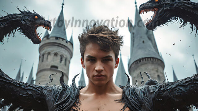 AI male art photos with a fantastical atmosphere. Imagine a Hogwarts School of Witchcraft student, from the Harry Potter series, a handsome, beautiful, and attractive, shirtless young teenage boy, standing firm against a threat. With a detailed Hogwarts castle background, casting a powerful spell, conjuring creatures based on their assigned house crest. From Demonic snakes, powerful lions, fierce badgers, or a murder of Crows. Dementors floating ominously in a cloudy sky, and sparks, shadows, and cinematic lighting, offering an otherworldly vibe.