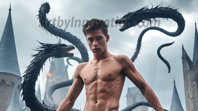 AI male art photos with a fantastical atmosphere. Imagine a Hogwarts School of Witchcraft student, from the Harry Potter series, a handsome, beautiful, and attractive, shirtless young teenage boy, standing firm against a threat. With a detailed Hogwarts castle background, casting a powerful spell, conjuring creatures based on their assigned house crest. From Demonic snakes, powerful lions, fierce badgers, or a murder of Crows. Dementors floating ominously in a cloudy sky, and sparks, shadows, and cinematic lighting, offering an otherworldly vibe.