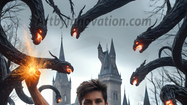 AI male art photos with a fantastical atmosphere. Imagine a Hogwarts School of Witchcraft student, from the Harry Potter series, a handsome, beautiful, and attractive, shirtless young teenage boy, standing firm against a threat. With a detailed Hogwarts castle background, casting a powerful spell, conjuring creatures based on their assigned house crest. From Demonic snakes, powerful lions, fierce badgers, or a murder of Crows. Dementors floating ominously in a cloudy sky, and sparks, shadows, and cinematic lighting, offering an otherworldly vibe.