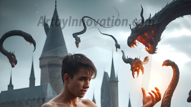 AI male art photos with a fantastical atmosphere. Imagine a Hogwarts School of Witchcraft student, from the Harry Potter series, a handsome, beautiful, and attractive, shirtless young teenage boy, standing firm against a threat. With a detailed Hogwarts castle background, casting a powerful spell, conjuring creatures based on their assigned house crest. From Demonic snakes, powerful lions, fierce badgers, or a murder of Crows. Dementors floating ominously in a cloudy sky, and sparks, shadows, and cinematic lighting, offering an otherworldly vibe.