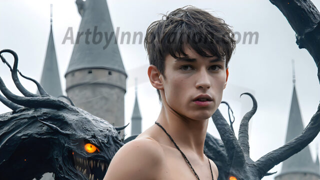 AI male art photos with a fantastical atmosphere. Imagine a Hogwarts School of Witchcraft student, from the Harry Potter series, a handsome, beautiful, and attractive, shirtless young teenage boy, standing firm against a threat. With a detailed Hogwarts castle background, casting a powerful spell, conjuring creatures based on their assigned house crest. From Demonic snakes, powerful lions, fierce badgers, or a murder of Crows. Dementors floating ominously in a cloudy sky, and sparks, shadows, and cinematic lighting, offering an otherworldly vibe.