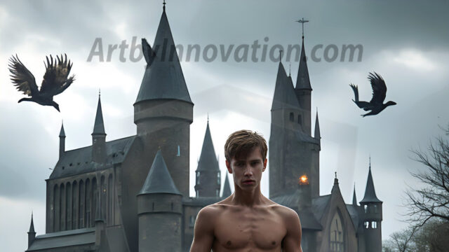 AI male art photos with a fantastical atmosphere. Imagine a Hogwarts School of Witchcraft student, from the Harry Potter series, a handsome, beautiful, and attractive, shirtless young teenage boy, standing firm against a threat. With a detailed Hogwarts castle background, casting a powerful spell, conjuring creatures based on their assigned house crest. From Demonic snakes, powerful lions, fierce badgers, or a murder of Crows. Dementors floating ominously in a cloudy sky, and sparks, shadows, and cinematic lighting, offering an otherworldly vibe.
