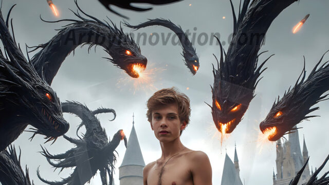 AI male art photos with a fantastical atmosphere. Imagine a Hogwarts School of Witchcraft student, from the Harry Potter series, a handsome, beautiful, and attractive, shirtless young teenage boy, standing firm against a threat. With a detailed Hogwarts castle background, casting a powerful spell, conjuring creatures based on their assigned house crest. From Demonic snakes, powerful lions, fierce badgers, or a murder of Crows. Dementors floating ominously in a cloudy sky, and sparks, shadows, and cinematic lighting, offering an otherworldly vibe.