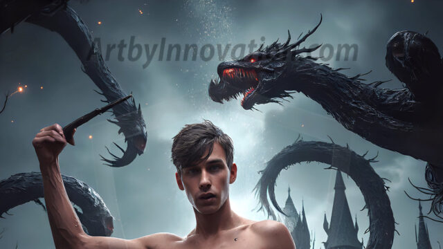 AI male art photos with a fantastical atmosphere. Imagine a Hogwarts School of Witchcraft student, from the Harry Potter series, a handsome, beautiful, and attractive, shirtless young teenage boy, standing firm against a threat. With a detailed Hogwarts castle background, casting a powerful spell, conjuring creatures based on their assigned house crest. From Demonic snakes, powerful lions, fierce badgers, or a murder of Crows. Dementors floating ominously in a cloudy sky, and sparks, shadows, and cinematic lighting, offering an otherworldly vibe.
