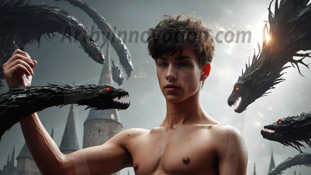 AI male art photos with a fantastical atmosphere. Imagine a Hogwarts School of Witchcraft student, from the Harry Potter series, a handsome, beautiful, and attractive, shirtless young teenage boy, standing firm against a threat. With a detailed Hogwarts castle background, casting a powerful spell, conjuring creatures based on their assigned house crest. From Demonic snakes, powerful lions, fierce badgers, or a murder of Crows. Dementors floating ominously in a cloudy sky, and sparks, shadows, and cinematic lighting, offering an otherworldly vibe.