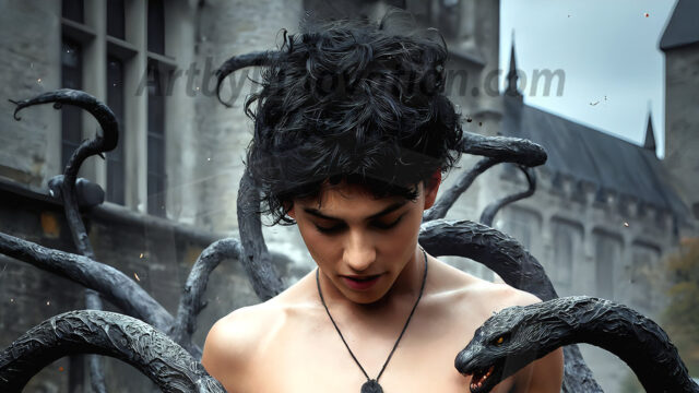 AI male art photos with a fantastical atmosphere. Imagine a Hogwarts School of Witchcraft student, from the Harry Potter series, a handsome, beautiful, and attractive, shirtless young teenage boy, standing firm against a threat. With a detailed Hogwarts castle background, casting a powerful spell, conjuring creatures based on their assigned house crest. From Demonic snakes, powerful lions, fierce badgers, or a murder of Crows. Dementors floating ominously in a cloudy sky, and sparks, shadows, and cinematic lighting, offering an otherworldly vibe.