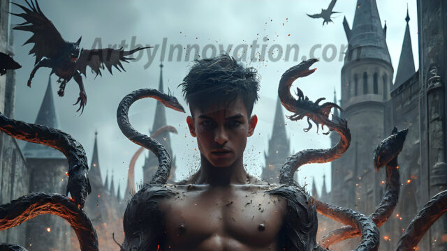 AI male art photos with a fantastical atmosphere. Imagine a Hogwarts School of Witchcraft student, from the Harry Potter series, a handsome, beautiful, and attractive, shirtless young teenage boy, standing firm against a threat. With a detailed Hogwarts castle background, casting a powerful spell, conjuring creatures based on their assigned house crest. From Demonic snakes, powerful lions, fierce badgers, or a murder of Crows. Dementors floating ominously in a cloudy sky, and sparks, shadows, and cinematic lighting, offering an otherworldly vibe.