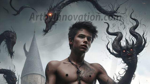 AI male art photos with a fantastical atmosphere. Imagine a Hogwarts School of Witchcraft student, from the Harry Potter series, a handsome, beautiful, and attractive, shirtless young teenage boy, standing firm against a threat. With a detailed Hogwarts castle background, casting a powerful spell, conjuring creatures based on their assigned house crest. From Demonic snakes, powerful lions, fierce badgers, or a murder of Crows. Dementors floating ominously in a cloudy sky, and sparks, shadows, and cinematic lighting, offering an otherworldly vibe.
