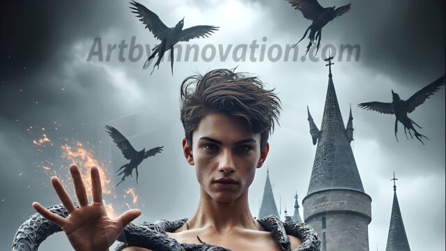 AI male art photos with a fantastical atmosphere. Imagine a Hogwarts School of Witchcraft student, from the Harry Potter series, a handsome, beautiful, and attractive, shirtless young teenage boy, standing firm against a threat. With a detailed Hogwarts castle background, casting a powerful spell, conjuring creatures based on their assigned house crest. From Demonic snakes, powerful lions, fierce badgers, or a murder of Crows. Dementors floating ominously in a cloudy sky, and sparks, shadows, and cinematic lighting, offering an otherworldly vibe.