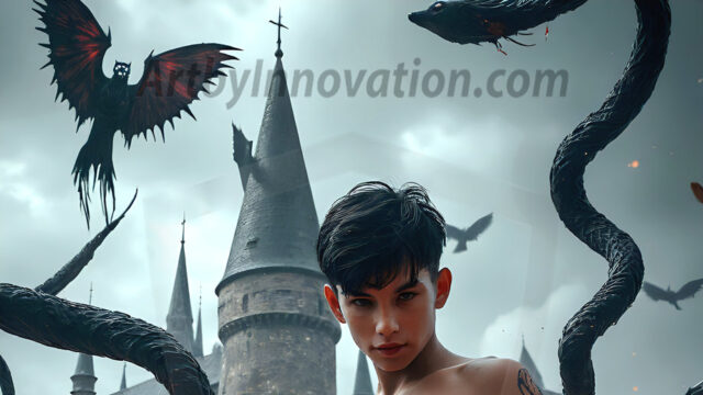 AI male art photos with a fantastical atmosphere. Imagine a Hogwarts School of Witchcraft student, from the Harry Potter series, a handsome, beautiful, and attractive, shirtless young teenage boy, standing firm against a threat. With a detailed Hogwarts castle background, casting a powerful spell, conjuring creatures based on their assigned house crest. From Demonic snakes, powerful lions, fierce badgers, or a murder of Crows. Dementors floating ominously in a cloudy sky, and sparks, shadows, and cinematic lighting, offering an otherworldly vibe.