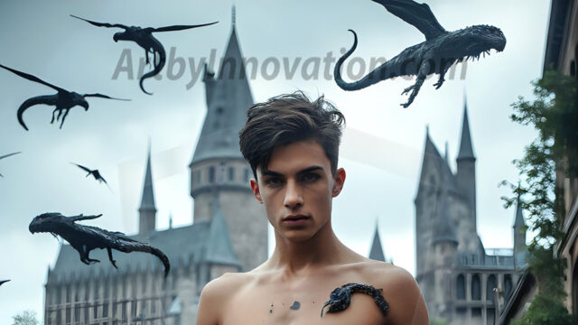 AI male art photos with a fantastical atmosphere. Imagine a Hogwarts School of Witchcraft student, from the Harry Potter series, a handsome, beautiful, and attractive, shirtless young teenage boy, standing firm against a threat. With a detailed Hogwarts castle background, casting a powerful spell, conjuring creatures based on their assigned house crest. From Demonic snakes, powerful lions, fierce badgers, or a murder of Crows. Dementors floating ominously in a cloudy sky, and sparks, shadows, and cinematic lighting, offering an otherworldly vibe.