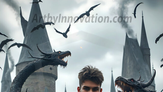 AI male art photos with a fantastical atmosphere. Imagine a Hogwarts School of Witchcraft student, from the Harry Potter series, a handsome, beautiful, and attractive, shirtless young teenage boy, standing firm against a threat. With a detailed Hogwarts castle background, casting a powerful spell, conjuring creatures based on their assigned house crest. From Demonic snakes, powerful lions, fierce badgers, or a murder of Crows. Dementors floating ominously in a cloudy sky, and sparks, shadows, and cinematic lighting, offering an otherworldly vibe.