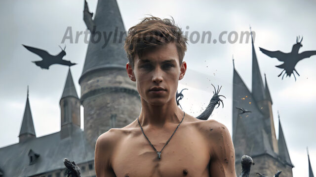 AI male art photos with a fantastical atmosphere. Imagine a Hogwarts School of Witchcraft student, from the Harry Potter series, a handsome, beautiful, and attractive, shirtless young teenage boy, standing firm against a threat. With a detailed Hogwarts castle background, casting a powerful spell, conjuring creatures based on their assigned house crest. From Demonic snakes, powerful lions, fierce badgers, or a murder of Crows. Dementors floating ominously in a cloudy sky, and sparks, shadows, and cinematic lighting, offering an otherworldly vibe.