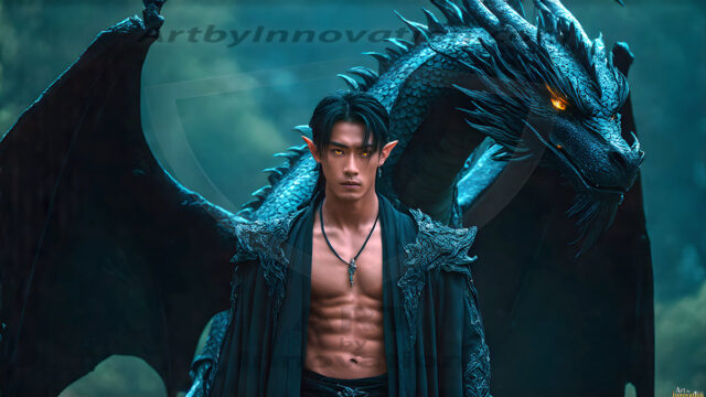 The Dragon Prince - A very attractive shirtless young male prince, with his dragon. The Dragon Prince - A very attractive shirtless young male prince, with a muscular body. Handsome, beautiful facial features, standing next to him a huge dragon, the dragon staring directly at camera, with his piercing eyes, his mouth slightly opened, degerming if we could be a threat.