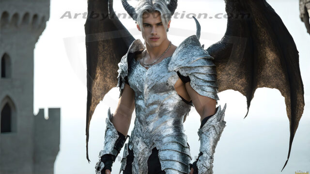 The Dragon Prince - A very attractive shirtless young male prince, with his dragon. The Dragon Prince - A very attractive shirtless young male prince, with a muscular body. Handsome, beautiful facial features, standing next to him a huge dragon, the dragon staring directly at camera, with his piercing eyes, his mouth slightly opened, degerming if we could be a threat.