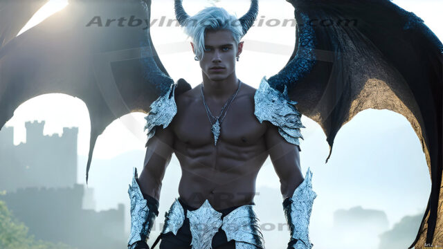 The Dragon Prince - A very attractive shirtless young male prince, with his dragon. The Dragon Prince - A very attractive shirtless young male prince, with a muscular body. Handsome, beautiful facial features, standing next to him a huge dragon, the dragon staring directly at camera, with his piercing eyes, his mouth slightly opened, degerming if we could be a threat.
