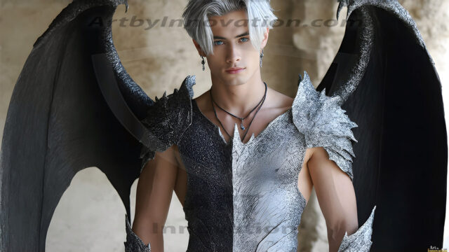 The Dragon Prince - A very attractive shirtless young male prince, with his dragon. The Dragon Prince - A very attractive shirtless young male prince, with a muscular body. Handsome, beautiful facial features, standing next to him a huge dragon, the dragon staring directly at camera, with his piercing eyes, his mouth slightly opened, degerming if we could be a threat.