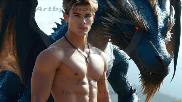 The Dragon Prince - A very attractive shirtless young male prince, with his dragon. The Dragon Prince - A very attractive shirtless young male prince, with a muscular body. Handsome, beautiful facial features, standing next to him a huge dragon, the dragon staring directly at camera, with his piercing eyes, his mouth slightly opened, degerming if we could be a threat.