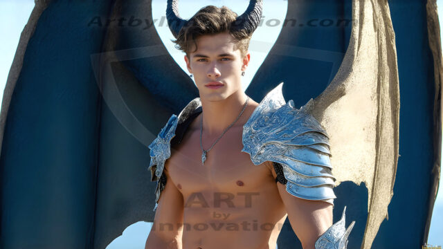 The Dragon Prince - A very attractive shirtless young male prince, with his dragon. The Dragon Prince - A very attractive shirtless young male prince, with a muscular body. Handsome, beautiful facial features, standing next to him a huge dragon, the dragon staring directly at camera, with his piercing eyes, his mouth slightly opened, degerming if we could be a threat.