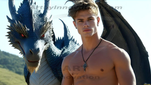 The Dragon Prince - A very attractive shirtless young male prince, with his dragon. The Dragon Prince - A very attractive shirtless young male prince, with a muscular body. Handsome, beautiful facial features, standing next to him a huge dragon, the dragon staring directly at camera, with his piercing eyes, his mouth slightly opened, degerming if we could be a threat.