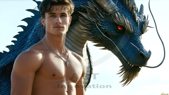 The Dragon Prince - A very attractive shirtless young male prince, with his dragon. The Dragon Prince - A very attractive shirtless young male prince, with a muscular body. Handsome, beautiful facial features, standing next to him a huge dragon, the dragon staring directly at camera, with his piercing eyes, his mouth slightly opened, degerming if we could be a threat.