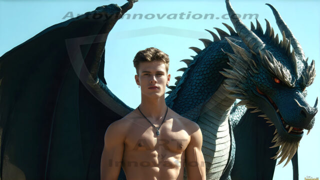 The Dragon Prince - A very attractive shirtless young male prince, with his dragon. The Dragon Prince - A very attractive shirtless young male prince, with a muscular body. Handsome, beautiful facial features, standing next to him a huge dragon, the dragon staring directly at camera, with his piercing eyes, his mouth slightly opened, degerming if we could be a threat.