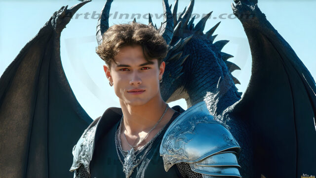 The Dragon Prince - A very attractive shirtless young male prince, with his dragon. The Dragon Prince - A very attractive shirtless young male prince, with a muscular body. Handsome, beautiful facial features, standing next to him a huge dragon, the dragon staring directly at camera, with his piercing eyes, his mouth slightly opened, degerming if we could be a threat.