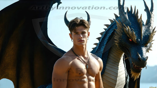 The Dragon Prince - A very attractive shirtless young male prince, with his dragon. The Dragon Prince - A very attractive shirtless young male prince, with a muscular body. Handsome, beautiful facial features, standing next to him a huge dragon, the dragon staring directly at camera, with his piercing eyes, his mouth slightly opened, degerming if we could be a threat.