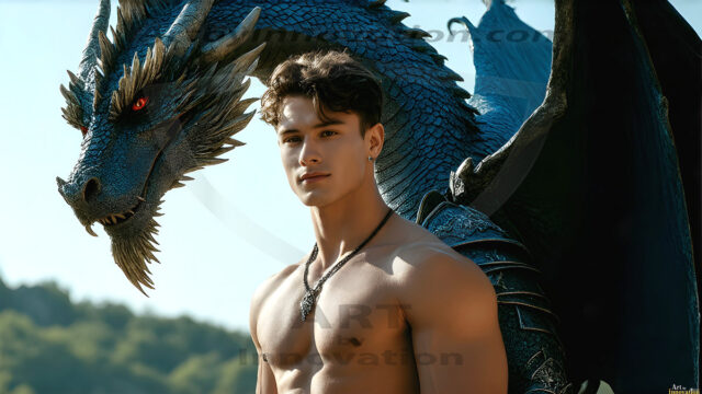 The Dragon Prince - A very attractive shirtless young male prince, with his dragon. The Dragon Prince - A very attractive shirtless young male prince, with a muscular body. Handsome, beautiful facial features, standing next to him a huge dragon, the dragon staring directly at camera, with his piercing eyes, his mouth slightly opened, degerming if we could be a threat.