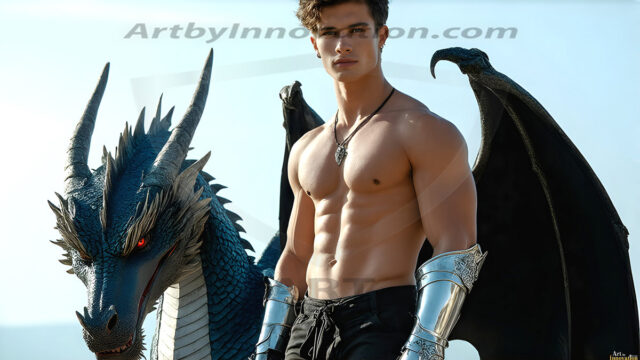 The Dragon Prince - A very attractive shirtless young male prince, with his dragon. The Dragon Prince - A very attractive shirtless young male prince, with a muscular body. Handsome, beautiful facial features, standing next to him a huge dragon, the dragon staring directly at camera, with his piercing eyes, his mouth slightly opened, degerming if we could be a threat.
