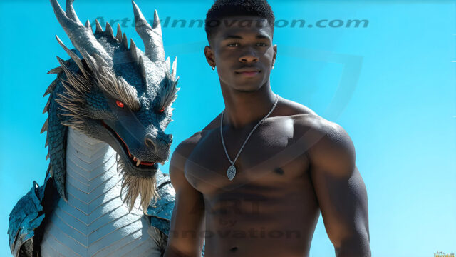 The Dragon Prince - A very attractive shirtless young male prince, with his dragon. The Dragon Prince - A very attractive shirtless young male prince, with a muscular body. Handsome, beautiful facial features, standing next to him a huge dragon, the dragon staring directly at camera, with his piercing eyes, his mouth slightly opened, degerming if we could be a threat.
