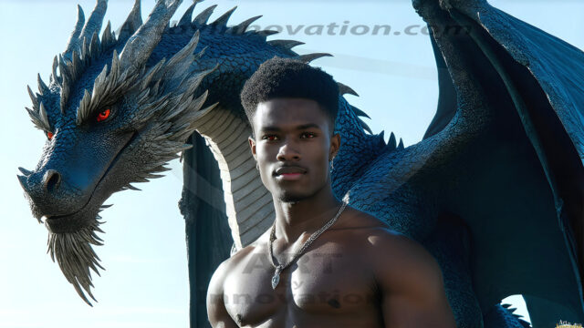 The Dragon Prince - A very attractive shirtless young male prince, with his dragon. The Dragon Prince - A very attractive shirtless young male prince, with a muscular body. Handsome, beautiful facial features, standing next to him a huge dragon, the dragon staring directly at camera, with his piercing eyes, his mouth slightly opened, degerming if we could be a threat.