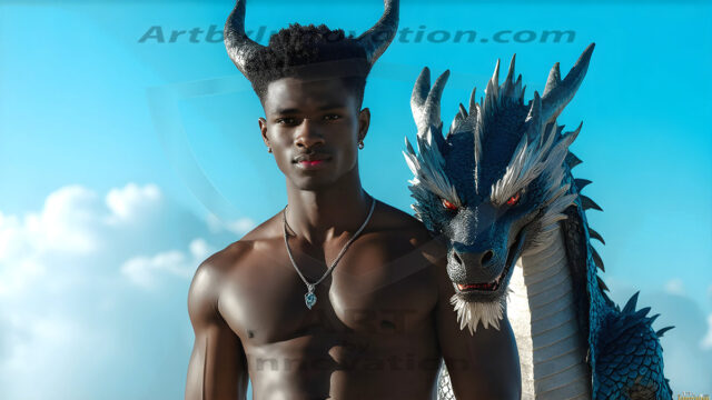 The Dragon Prince - A very attractive shirtless young male prince, with his dragon. The Dragon Prince - A very attractive shirtless young male prince, with a muscular body. Handsome, beautiful facial features, standing next to him a huge dragon, the dragon staring directly at camera, with his piercing eyes, his mouth slightly opened, degerming if we could be a threat.