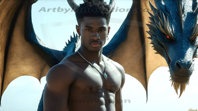 The Dragon Prince - A very attractive shirtless young male prince, with his dragon. The Dragon Prince - A very attractive shirtless young male prince, with a muscular body. Handsome, beautiful facial features, standing next to him a huge dragon, the dragon staring directly at camera, with his piercing eyes, his mouth slightly opened, degerming if we could be a threat.