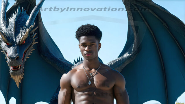 The Dragon Prince - A very attractive shirtless young male prince, with his dragon. The Dragon Prince - A very attractive shirtless young male prince, with a muscular body. Handsome, beautiful facial features, standing next to him a huge dragon, the dragon staring directly at camera, with his piercing eyes, his mouth slightly opened, degerming if we could be a threat.