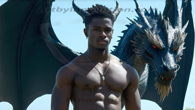 The Dragon Prince - A very attractive shirtless young male prince, with his dragon. The Dragon Prince - A very attractive shirtless young male prince, with a muscular body. Handsome, beautiful facial features, standing next to him a huge dragon, the dragon staring directly at camera, with his piercing eyes, his mouth slightly opened, degerming if we could be a threat.