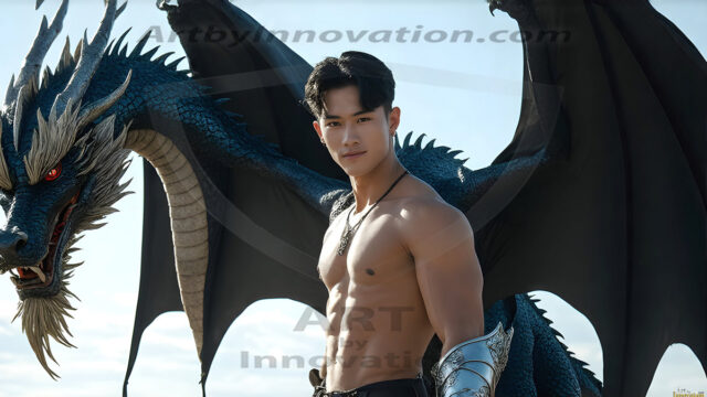 The Dragon Prince - A very attractive shirtless young male prince, with his dragon. The Dragon Prince - A very attractive shirtless young male prince, with a muscular body. Handsome, beautiful facial features, standing next to him a huge dragon, the dragon staring directly at camera, with his piercing eyes, his mouth slightly opened, degerming if we could be a threat.