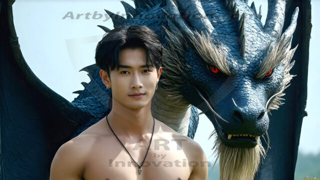 The Dragon Prince - A very attractive shirtless young male prince, with his dragon. The Dragon Prince - A very attractive shirtless young male prince, with a muscular body. Handsome, beautiful facial features, standing next to him a huge dragon, the dragon staring directly at camera, with his piercing eyes, his mouth slightly opened, degerming if we could be a threat.