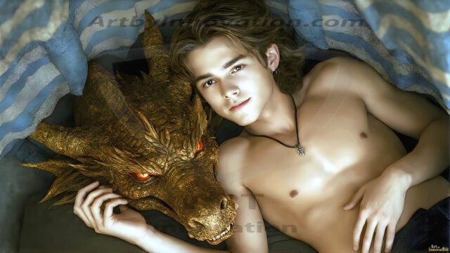 The Dragon Prince - A very attractive shirtless young male prince, with his dragon. The Dragon Prince - A very attractive shirtless young male prince, with a muscular body. Handsome, beautiful facial features, standing next to him a huge dragon, the dragon staring directly at camera, with his piercing eyes, his mouth slightly opened, degerming if we could be a threat.