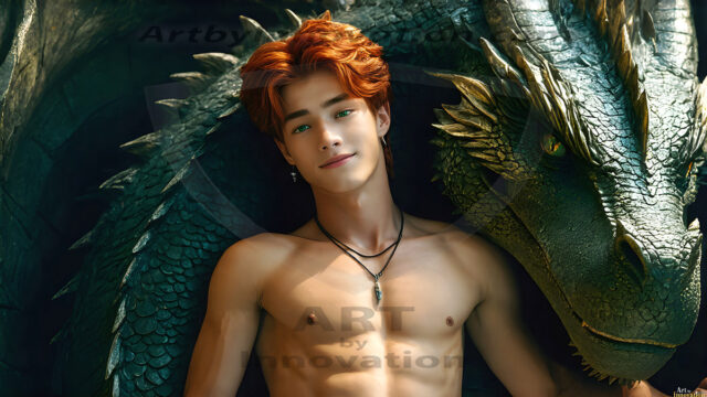 The Dragon Prince - A very attractive shirtless young male prince, with his dragon. The Dragon Prince - A very attractive shirtless young male prince, with a muscular body. Handsome, beautiful facial features, standing next to him a huge dragon, the dragon staring directly at camera, with his piercing eyes, his mouth slightly opened, degerming if we could be a threat.