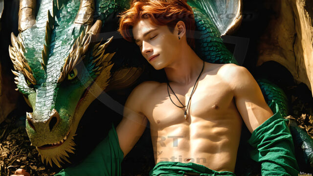 The Dragon Prince - A very attractive shirtless young male prince, with his dragon. The Dragon Prince - A very attractive shirtless young male prince, with a muscular body. Handsome, beautiful facial features, standing next to him a huge dragon, the dragon staring directly at camera, with his piercing eyes, his mouth slightly opened, degerming if we could be a threat.